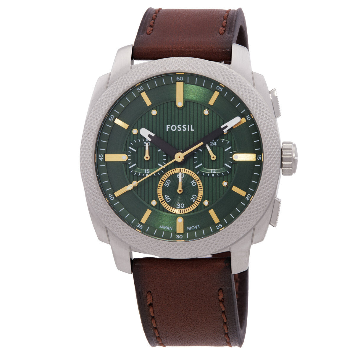 Fossil Machine Chronograph men's watch with green dial, gold accents, and brown leather strap