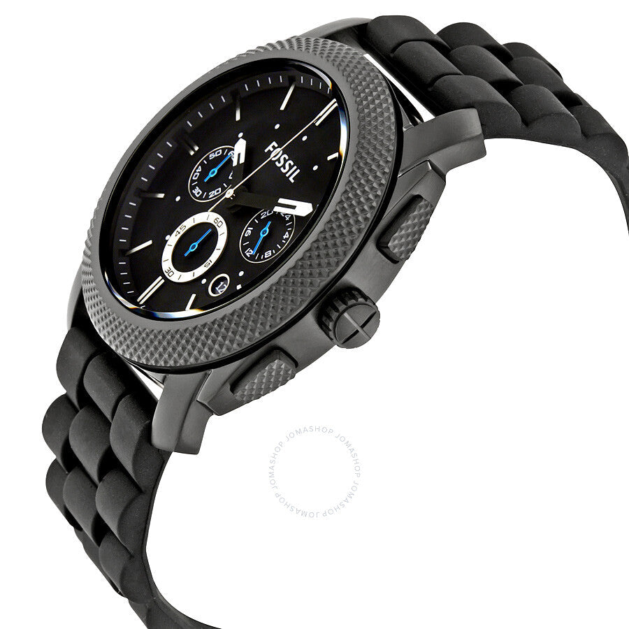 Fossil Machine chronograph watch at angle showing black silicone strap
