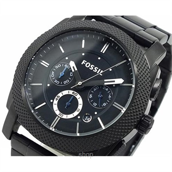 Side angle view of Fossil Machine chronograph displaying case profile and subdial layout