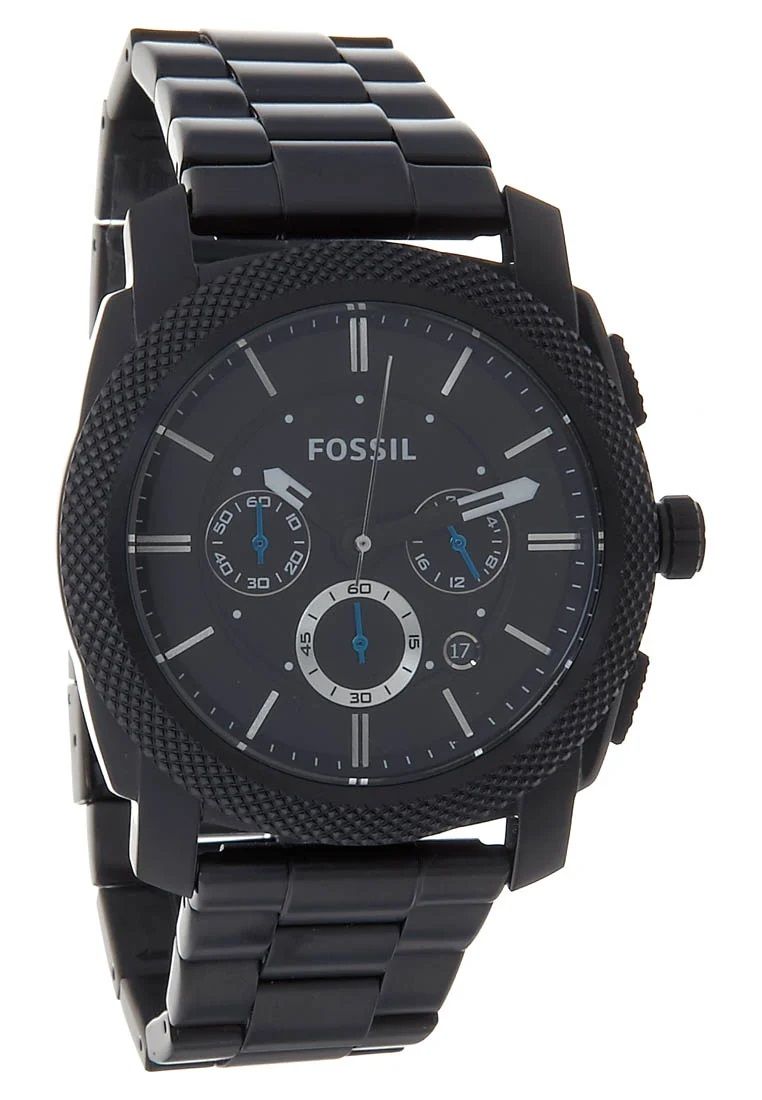 Angled view of black chronograph watch with stainless steel bracelet and textured case bezel