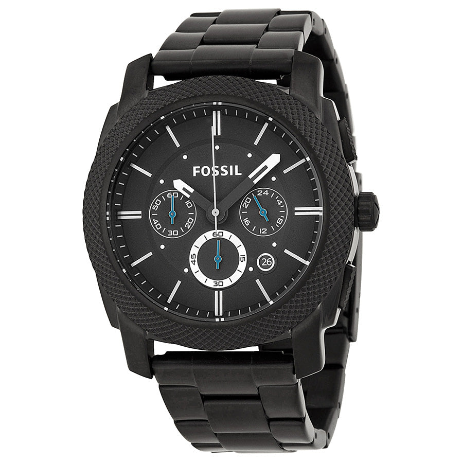 Front view of Fossil Machine chronograph showing black textured bezel, dial with subdials and date window