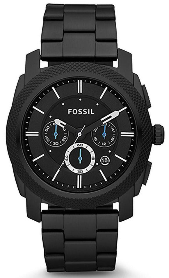 Fossil Machine chronograph watch with black dial, three subdials, and black stainless steel bracelet