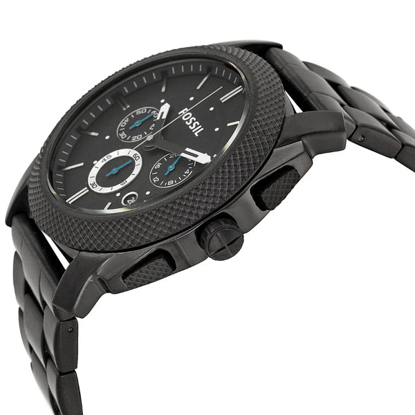 Fossil Machine chronograph watch displayed on wrist showing black dial with three subdials and blue accents