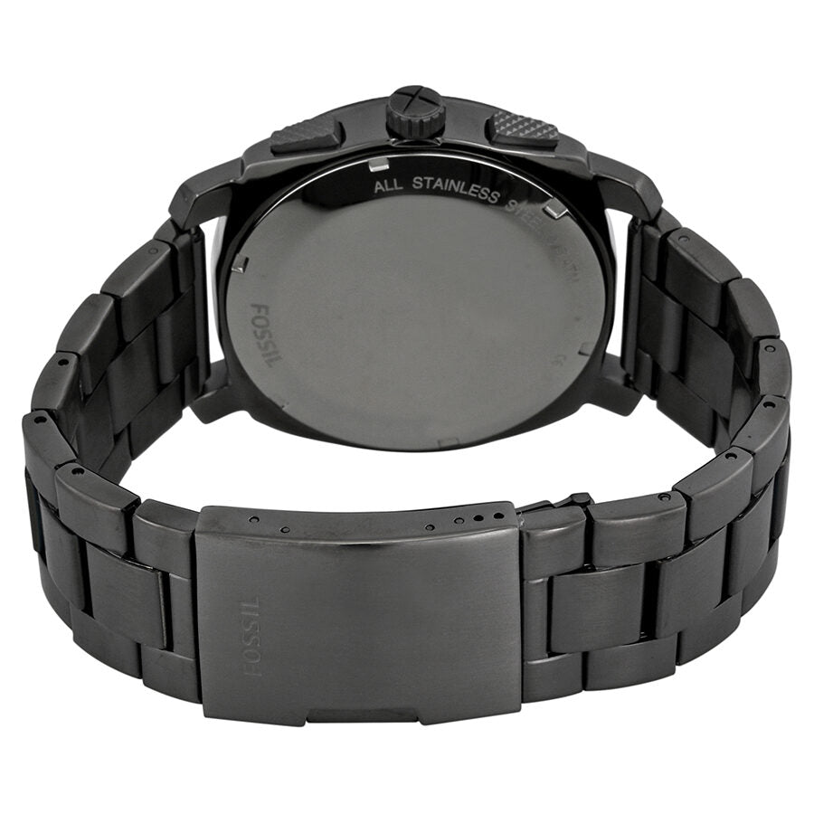 Stainless steel caseback of Fossil Machine watch showing all stainless steel marking and bracelet