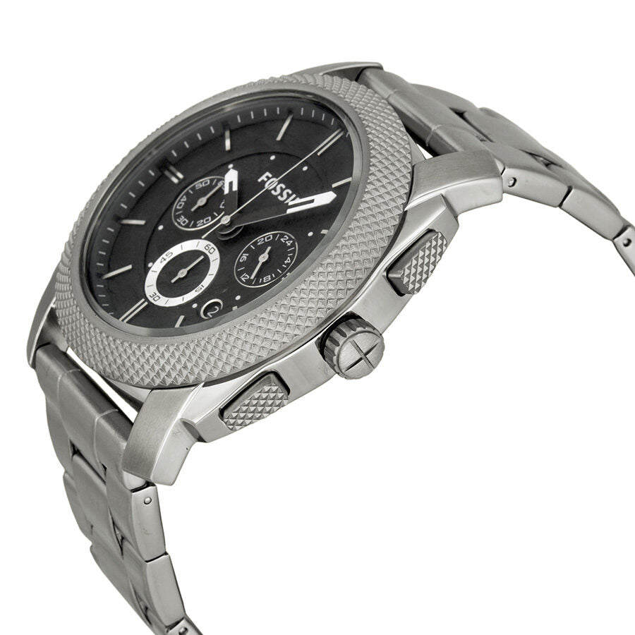 Side angle view of Fossil Machine chronograph with textured stainless steel bezel and bracelet