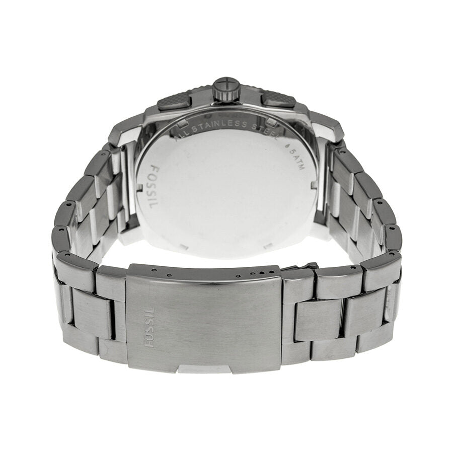 Caseback view of Fossil Machine chronograph stainless steel watch