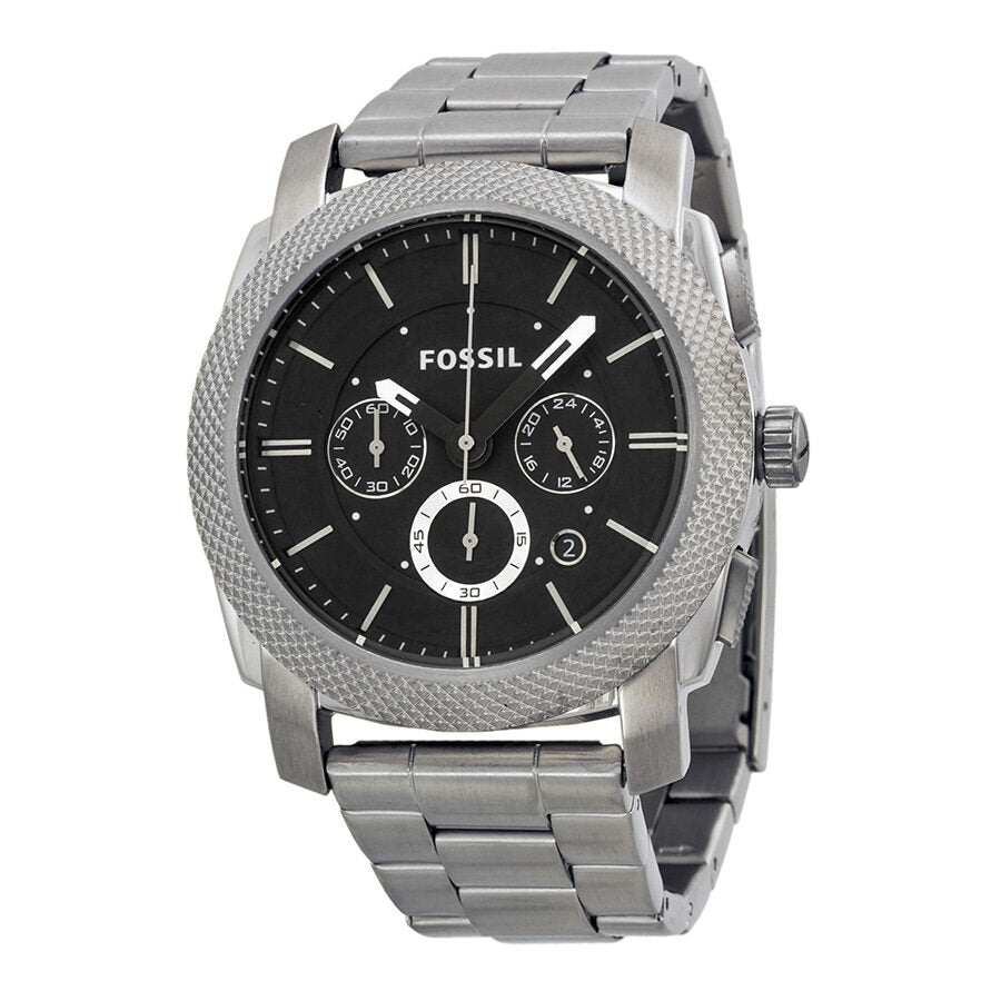 Fossil Machine chronograph watch with black dial, three subdials, and stainless steel bracelet