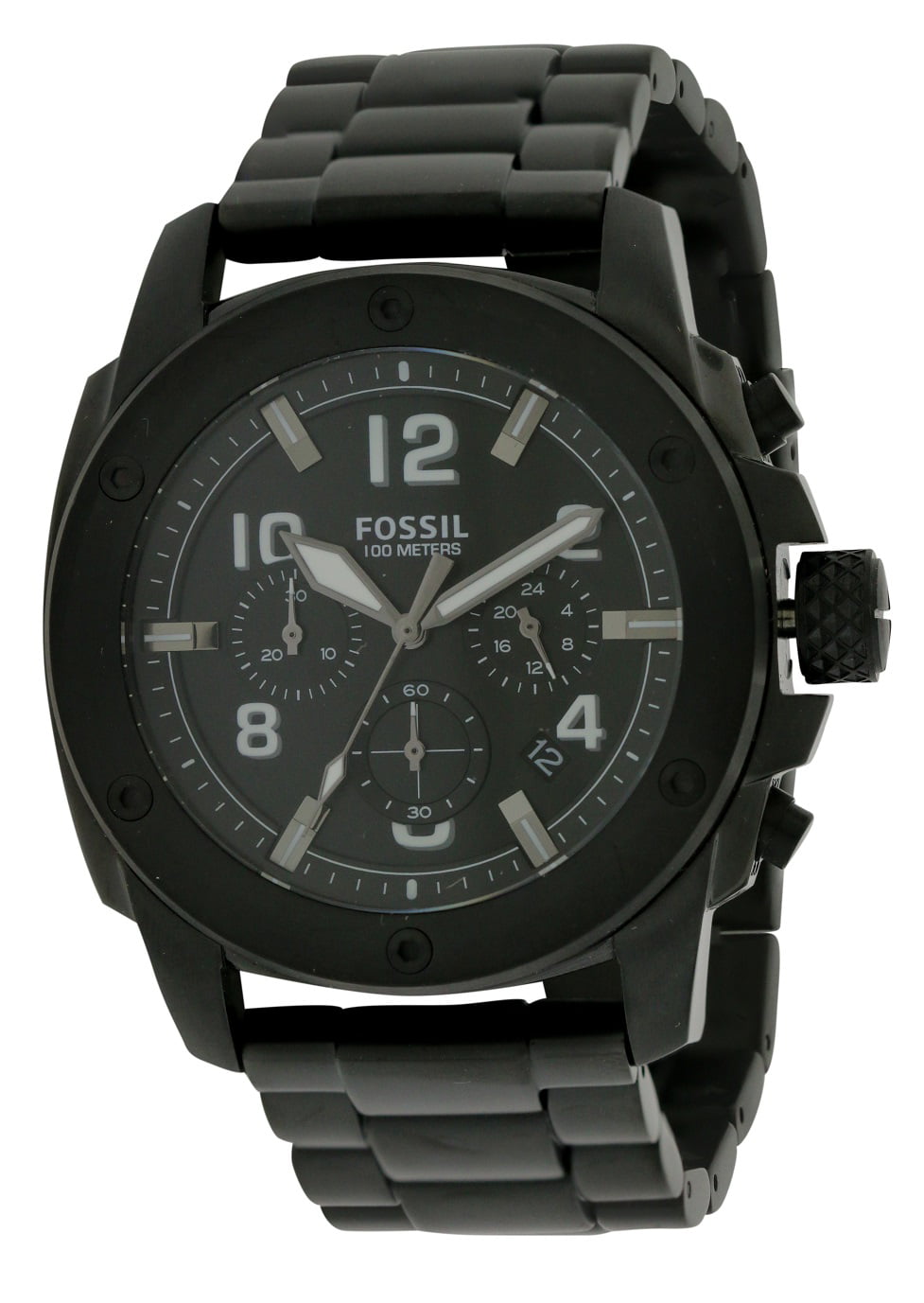Fossil Machine FS4927 chronograph watch shown at angle with black steel strap
