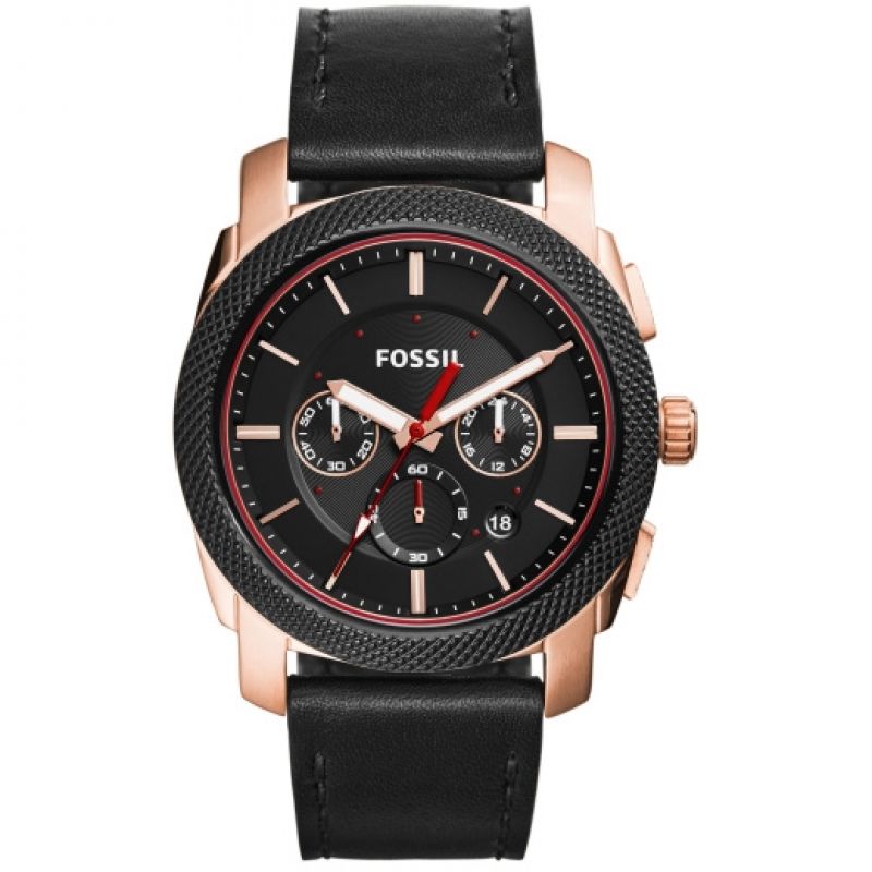 Fossil Machine chronograph watch with black dial, rose gold case, and black leather strap