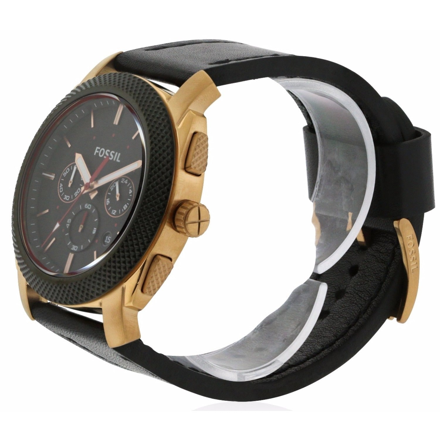 Side profile of Fossil Machine watch displaying case depth and black leather strap