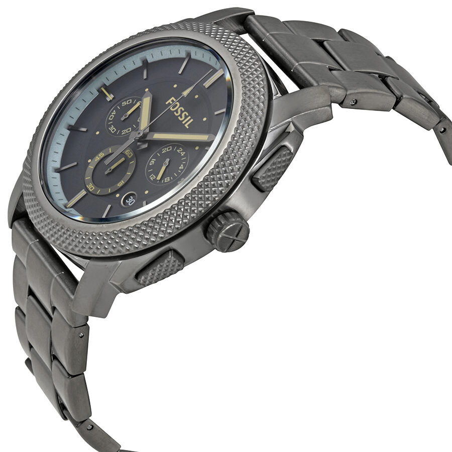 Side angle view of Fossil Machine chronograph watch showing gunmetal case and link bracelet