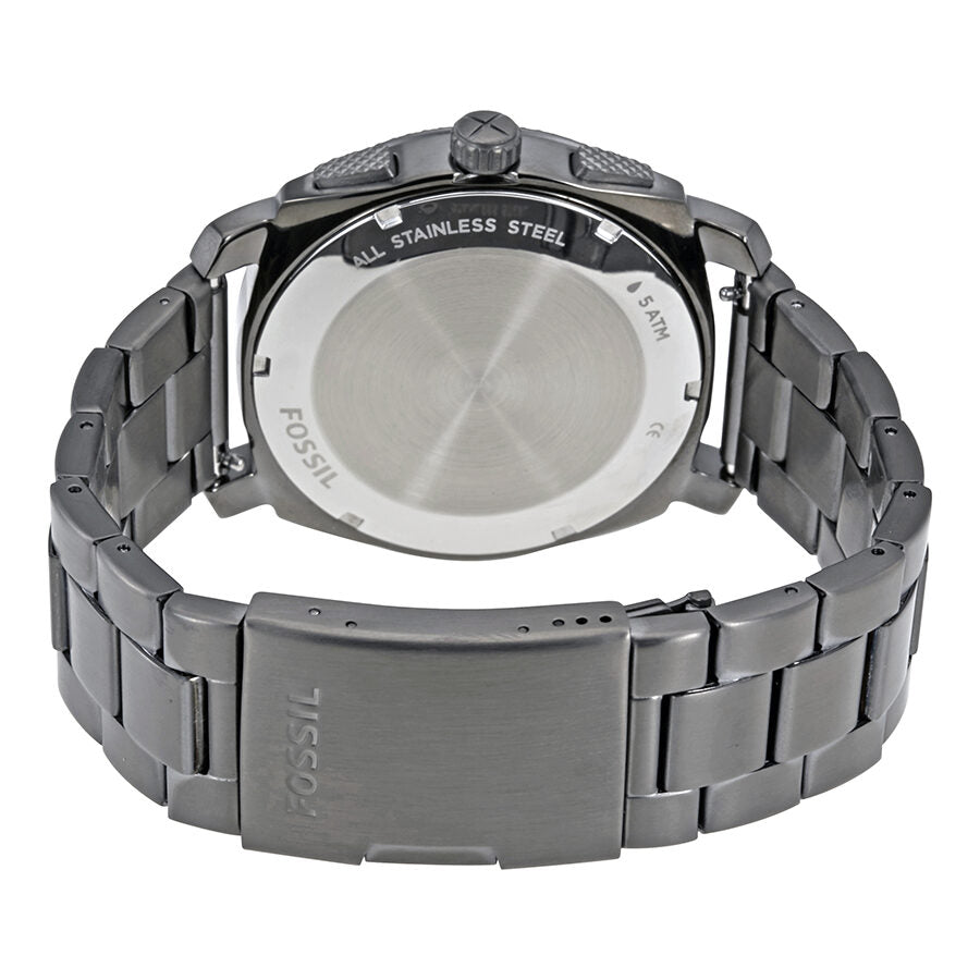 Back of Fossil Machine watch showing stainless steel caseback and bracelet
