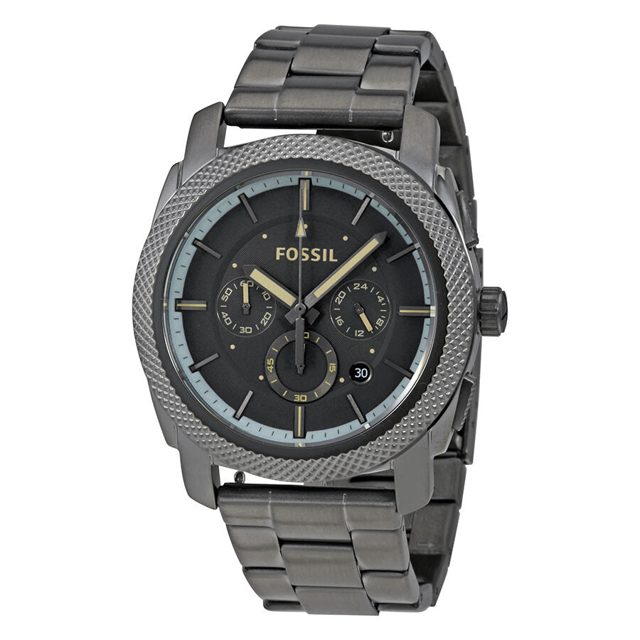 Fossil Machine chronograph watch with gunmetal dial, gold subdials, and gunmetal stainless steel bracelet