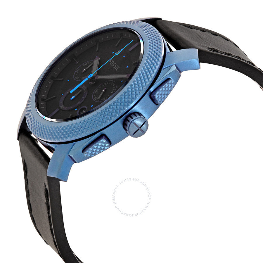 Side angle view of Fossil Machine chronograph showing blue case and black leather strap