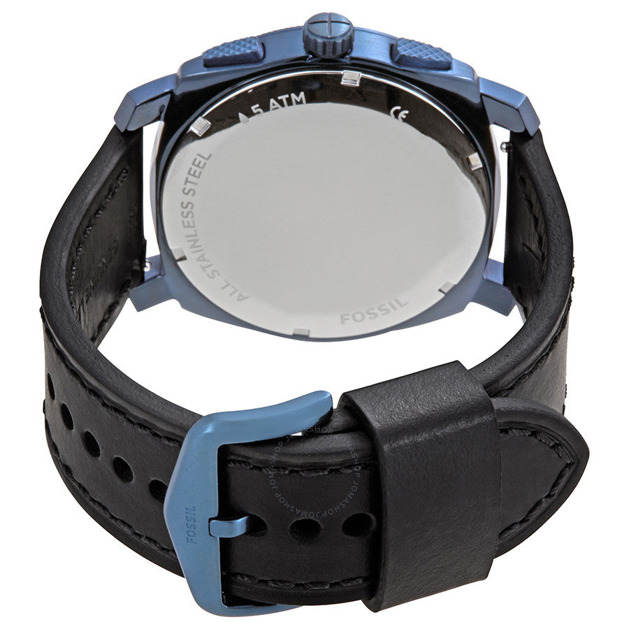 Caseback of Fossil Machine chronograph showing steel back and specifications