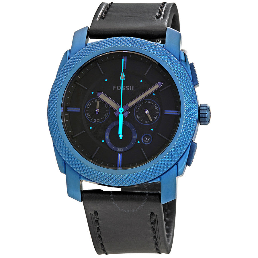 Fossil Machine chronograph with blue textured case, black dial, and cyan hands