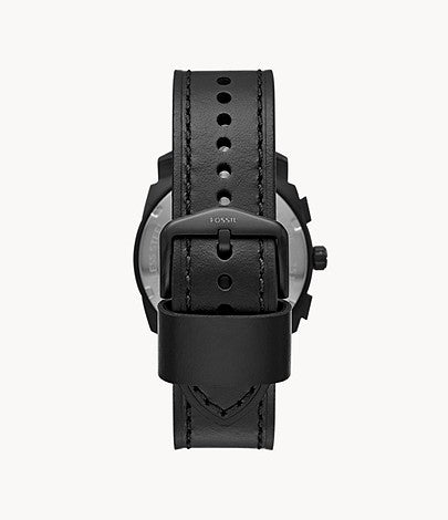 Back view of Fossil Machine watch showing black leather strap with buckle and case back