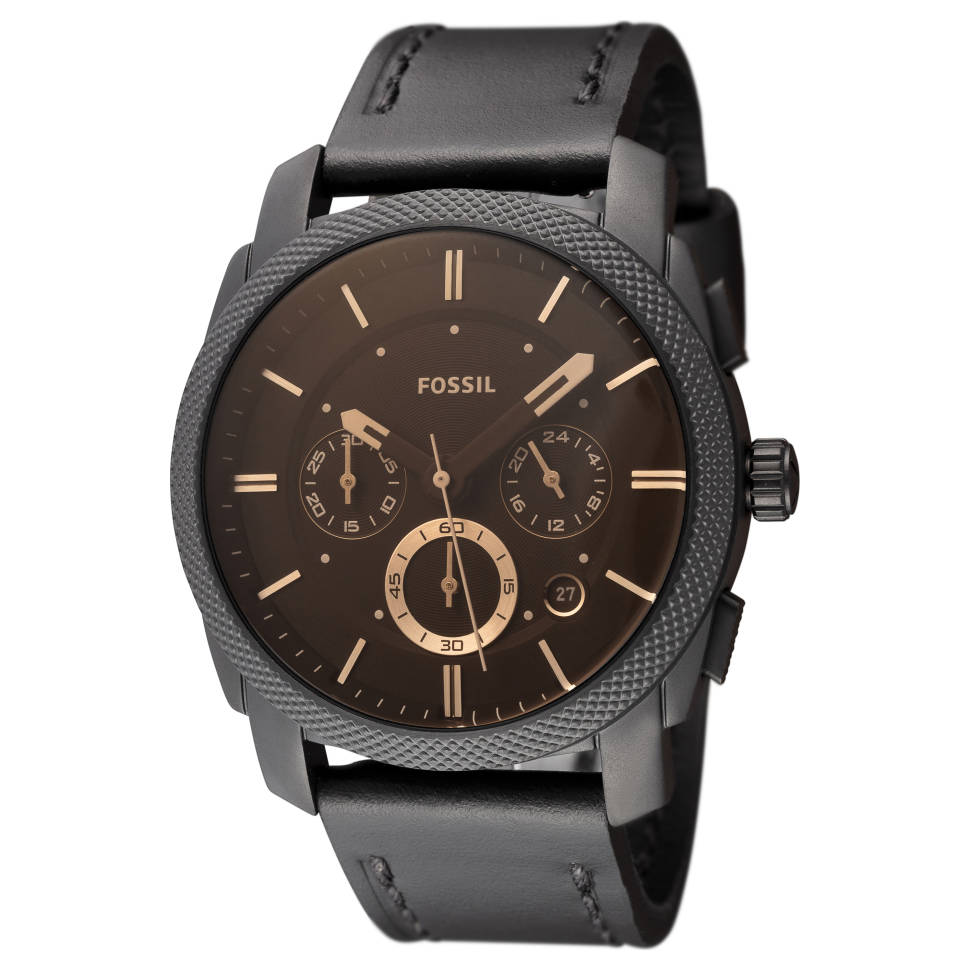 Fossil Machine chronograph watch with brown dial, gold hour markers and subdials, textured black case, black leather strap