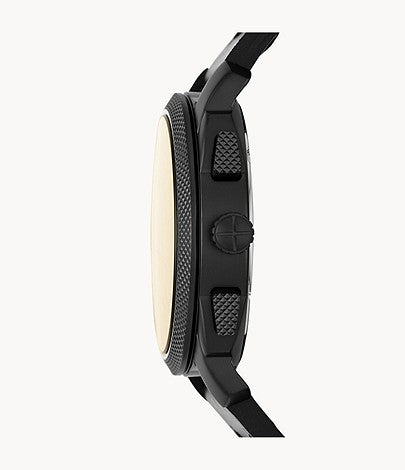 Side view of Fossil Machine watch showing textured black case and black leather strap