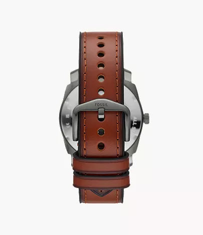 Fossil Machine FS5900 caseback view showing brown leather strap with metal buckle