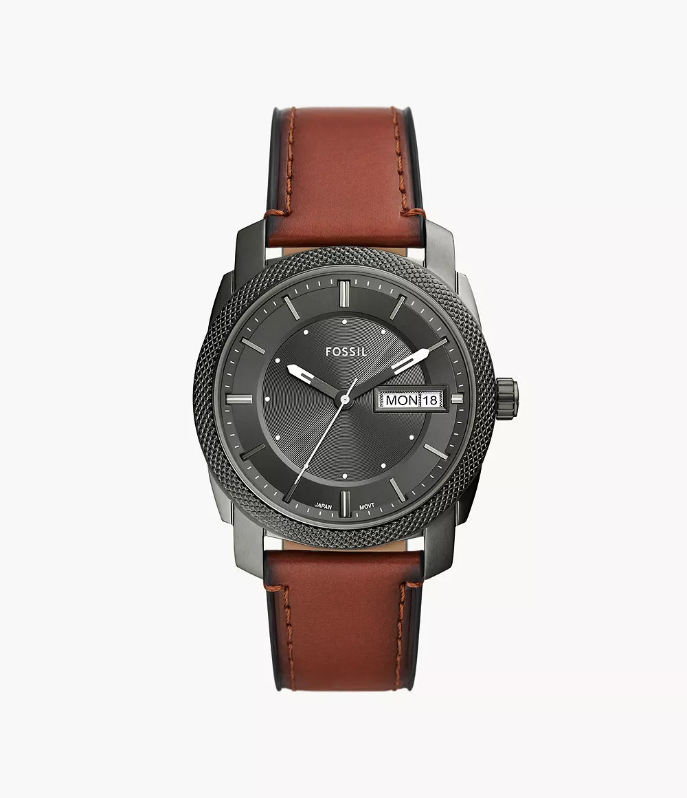 Fossil Machine FS5900 gray dial watch with brown leather strap and date window