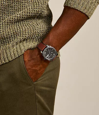Fossil Machine FS5900 watch worn on wrist with brown leather strap