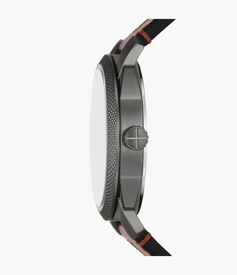 Fossil Machine FS5900 side profile showing textured gray case and leather strap
