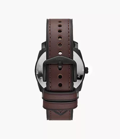 Fossil Machine FS5901 watch caseback view showing brown leather strap adjustment