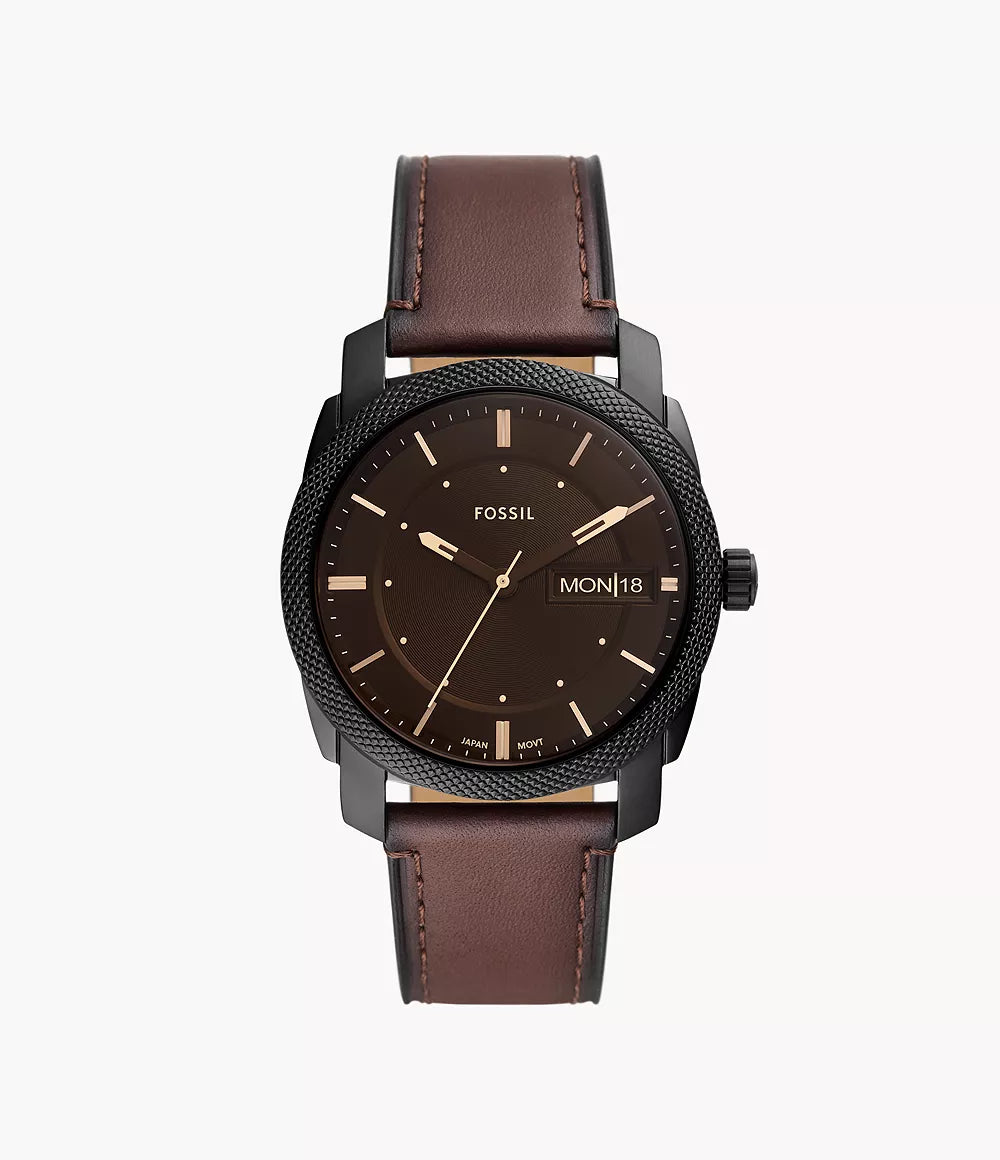 Fossil Machine FS5901 men's watch with black dial, brown leather strap, and date window
