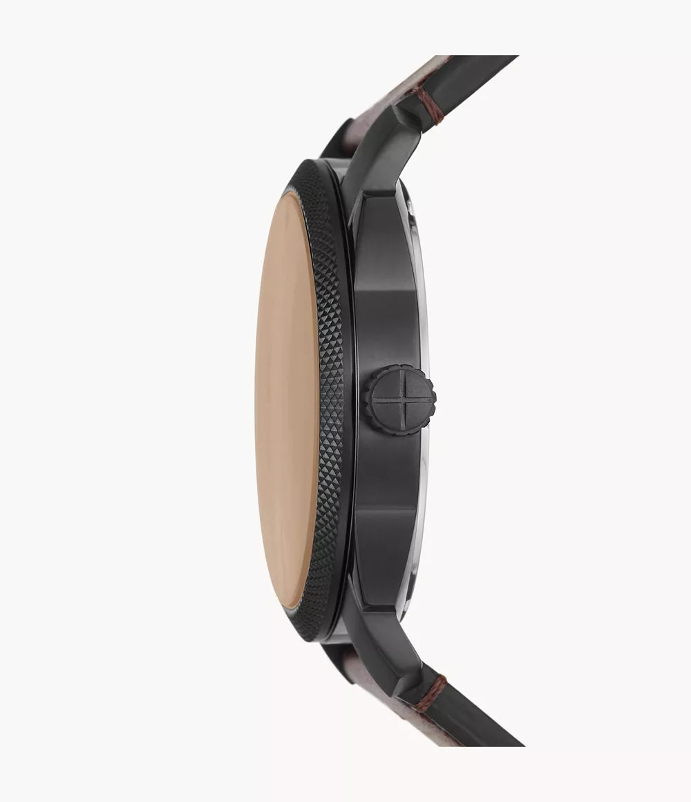 Fossil Machine FS5901 side profile showing black case and brown leather strap
