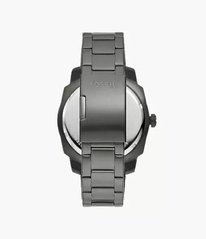 Fossil Machine FS5970 caseback view showing smoke stainless steel bracelet