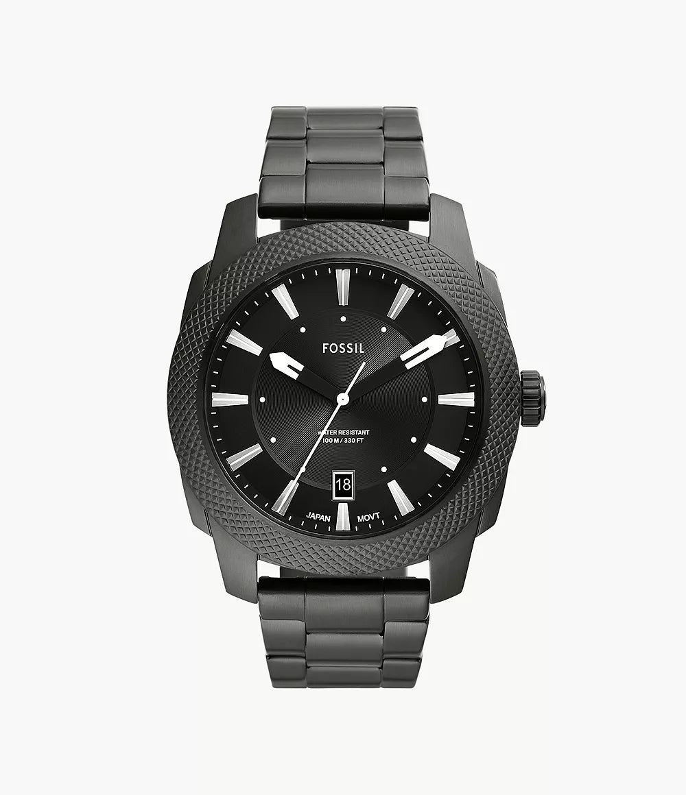 Fossil Machine FS5970 three-hand date watch with smoke stainless steel case and bracelet