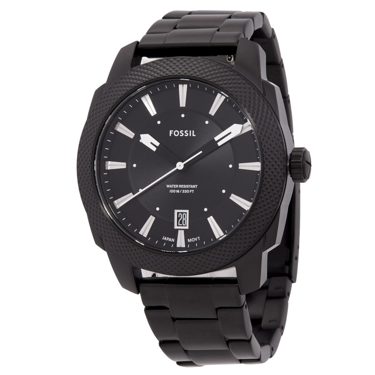 Fossil Machine quartz watch featuring black dial, white hour markers, date window, and black bracelet