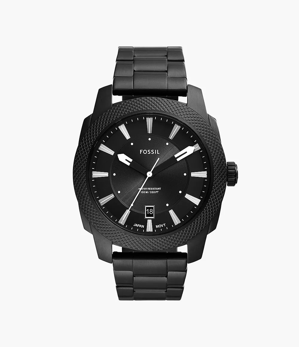 Fossil Machine men's watch with black dial and textured black stainless steel case and bracelet