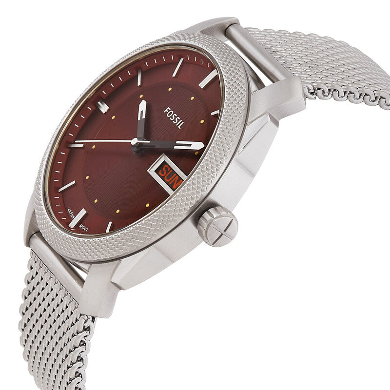 Fossil Machine men's watch at angle showing burgundy dial and silver mesh strap