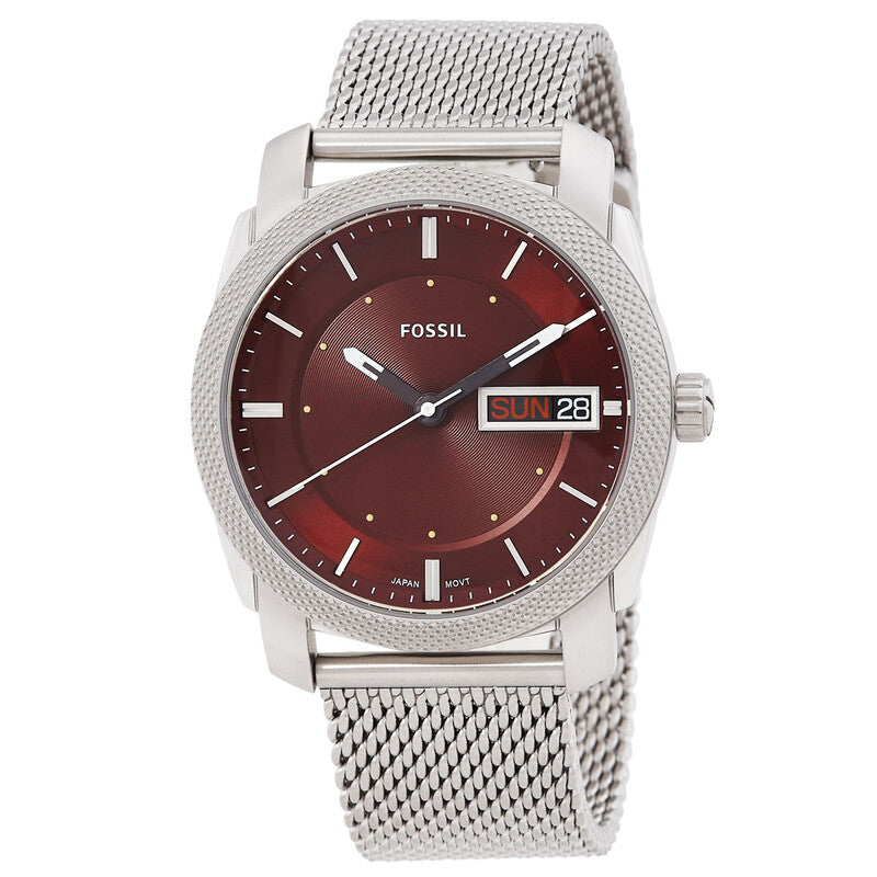 Fossil Machine men's watch with burgundy dial, stainless steel mesh band, and date window
