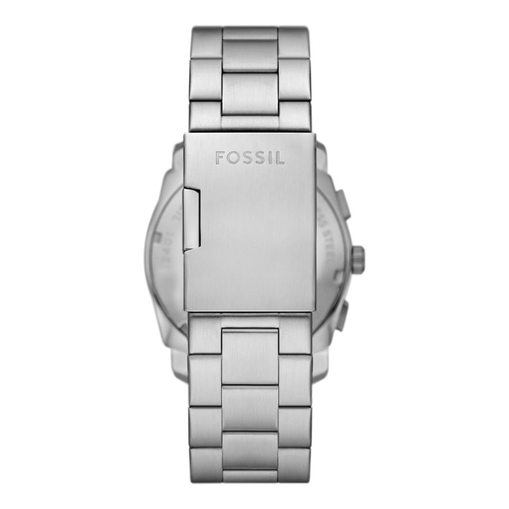 Caseback view of Fossil Machine FS6079 showing stainless steel bracelet and case
