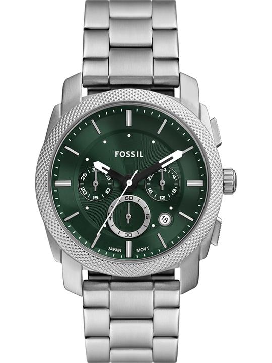 Fossil Machine chronograph watch with green dial, stainless steel case and bracelet, three subdials and date window