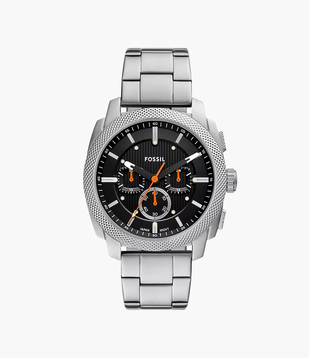 Fossil Machine Chronograph stainless steel men's watch with black dial and orange accents