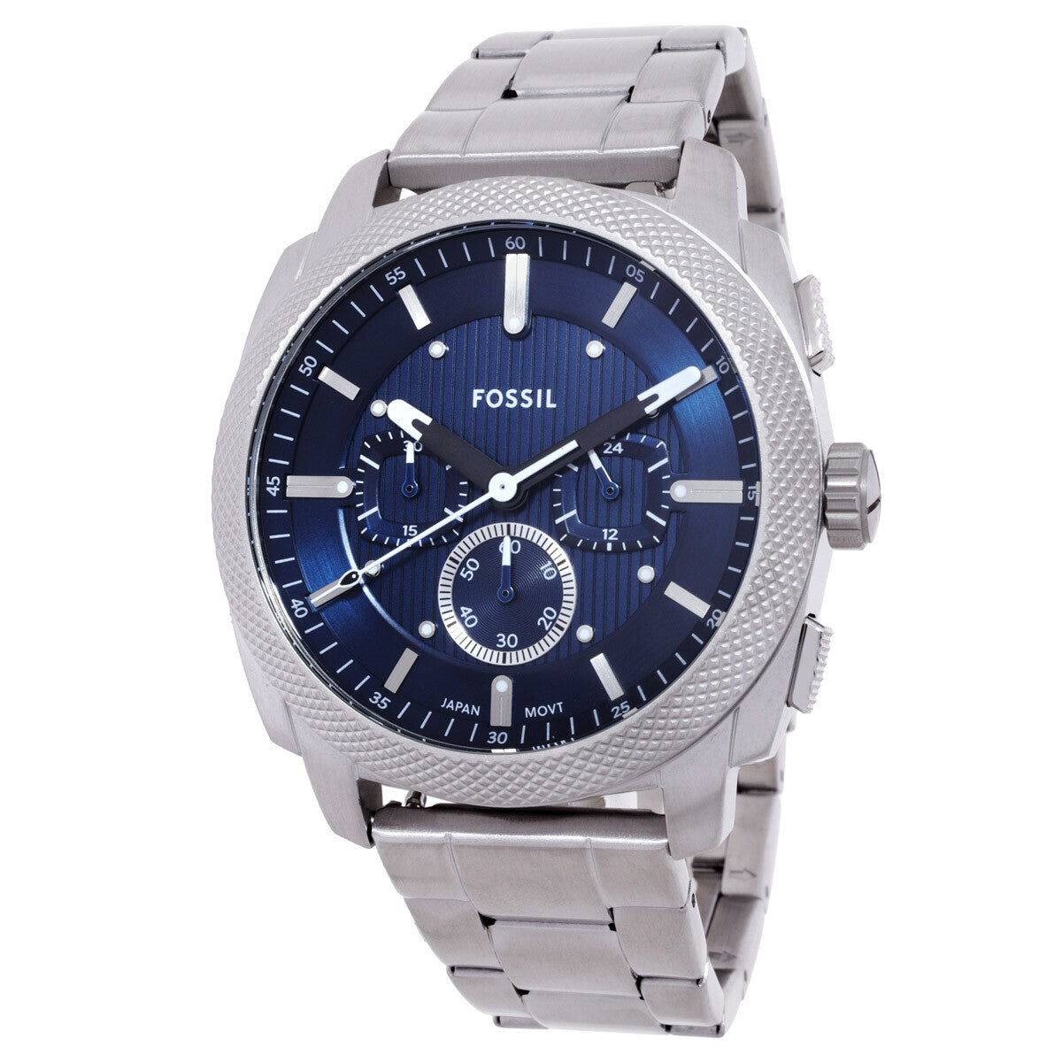 Fossil Machine Chronograph watch at angle showing blue dial with subdials and stainless steel band