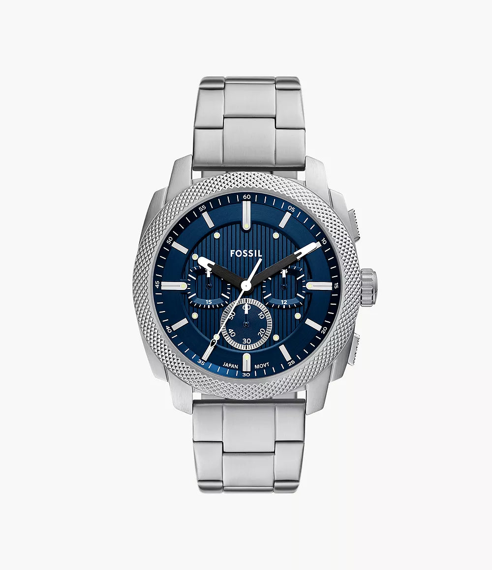 Fossil Machine Chronograph stainless steel watch with blue dial and metallic bracelet