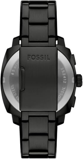 Case back of Fossil Machine showing black stainless steel with Fossil branding and transparent display window