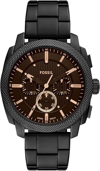Fossil Machine Chronograph with brown dial, rose gold indices, chronograph subdials, and textured black case