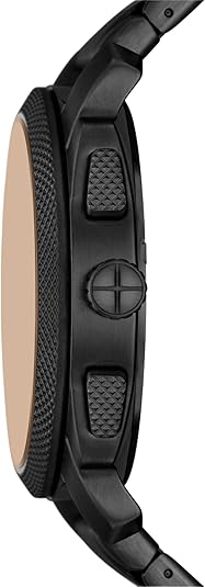 Side profile view of Fossil Machine watch showing textured case and black stainless steel bracelet