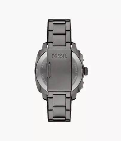 Fossil Machine watch case back showing gunmetal stainless steel and engraved Fossil logo