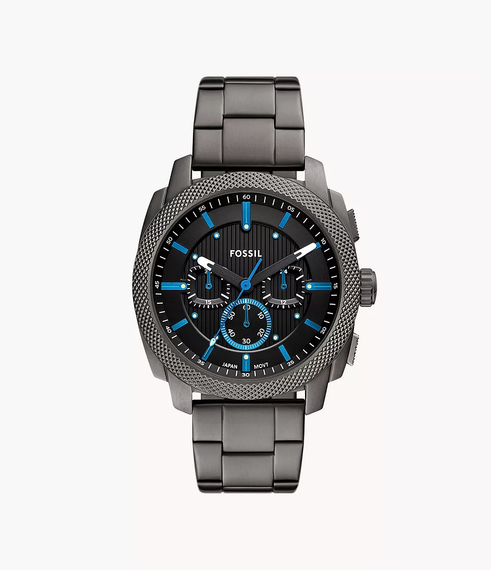 Fossil Machine chronograph watch with black dial, blue sub-dials and gunmetal stainless steel case and bracelet