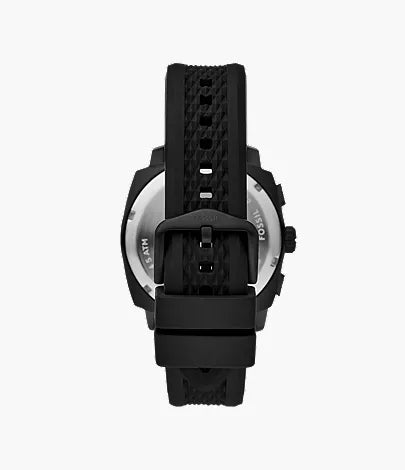 Fossil Machine watch caseback view showing black silicone strap and case back detail