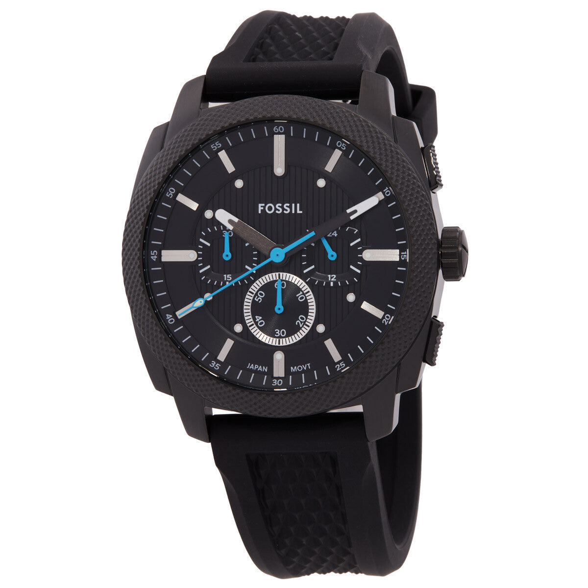 Fossil Machine chronograph quartz watch with black dial, blue chronograph hands, and black silicone strap