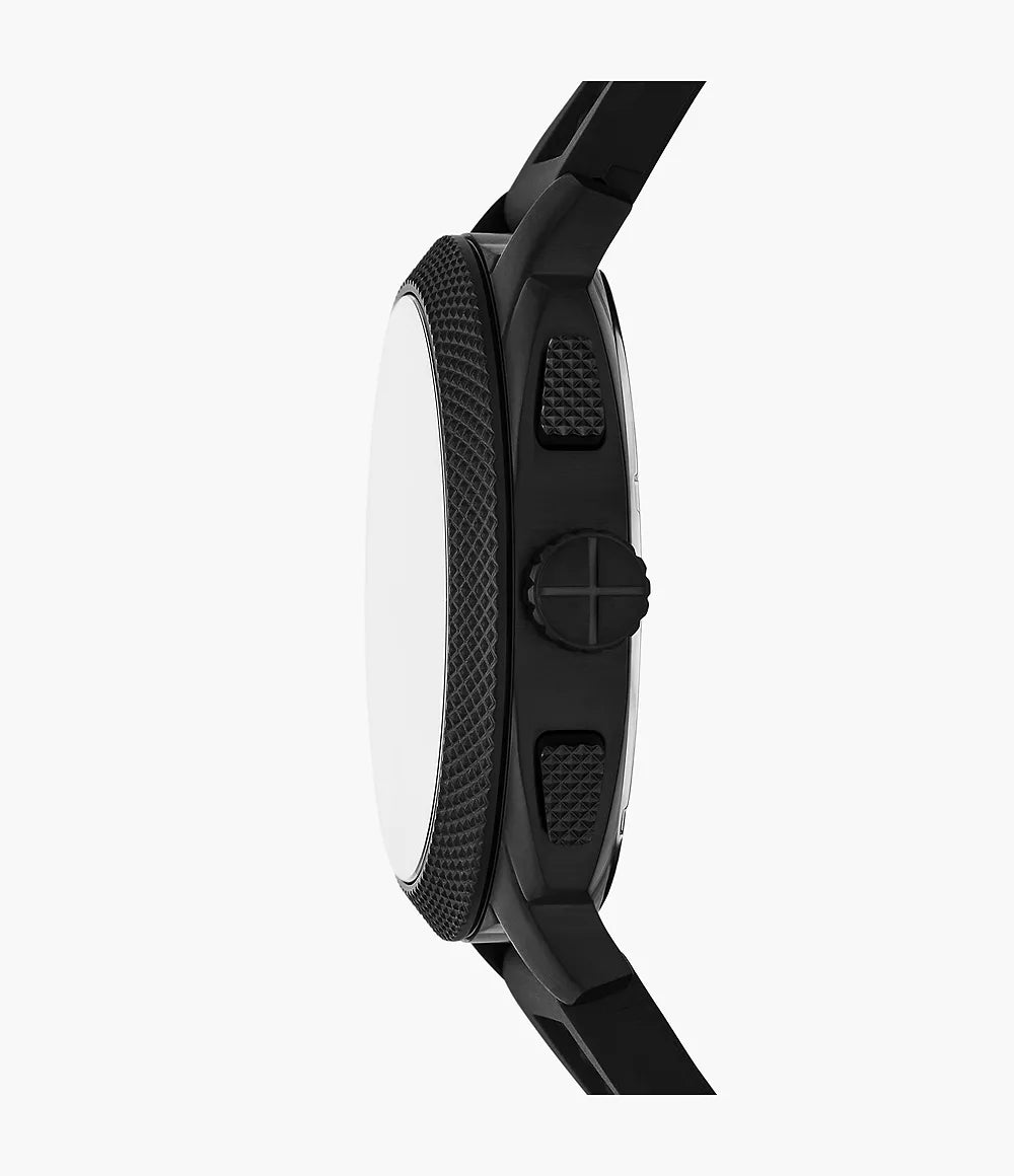Fossil Machine watch side profile showing black case, white dial edge, and black silicone strap