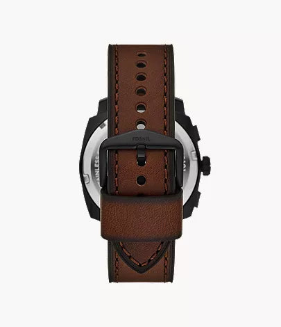 Fossil Machine Chronograph caseback view showing brown leather strap details
